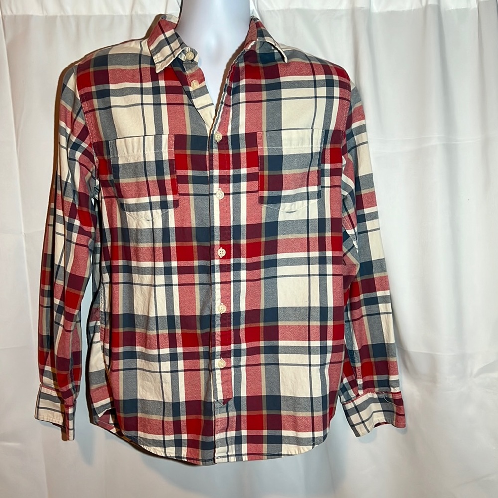 Red white and blue mens plaid long sleeve shirt Med